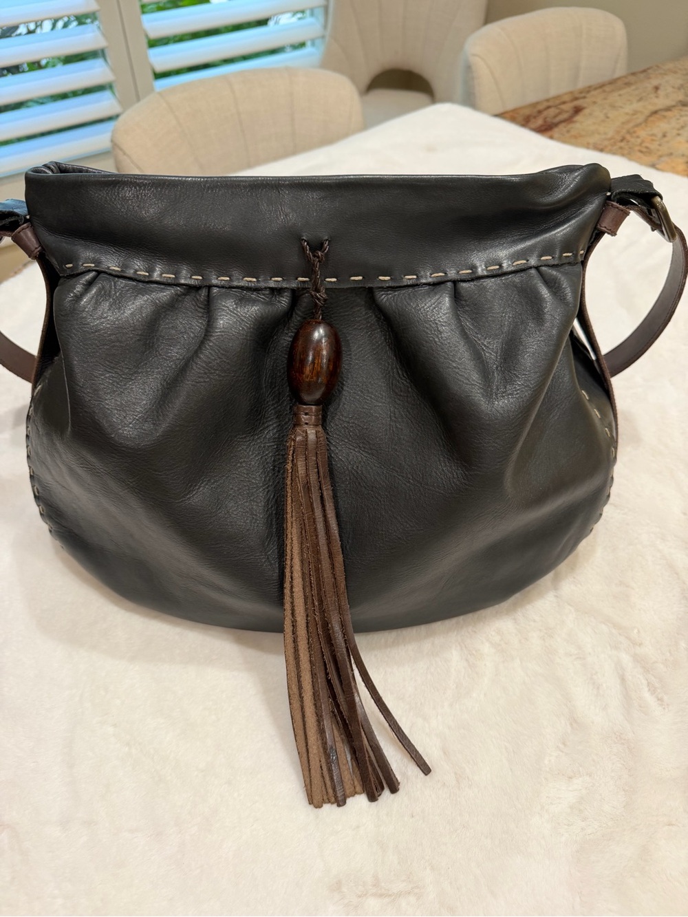Tsonga Black and Brown Leather Tassel Slouchy Hobo Bag - Women